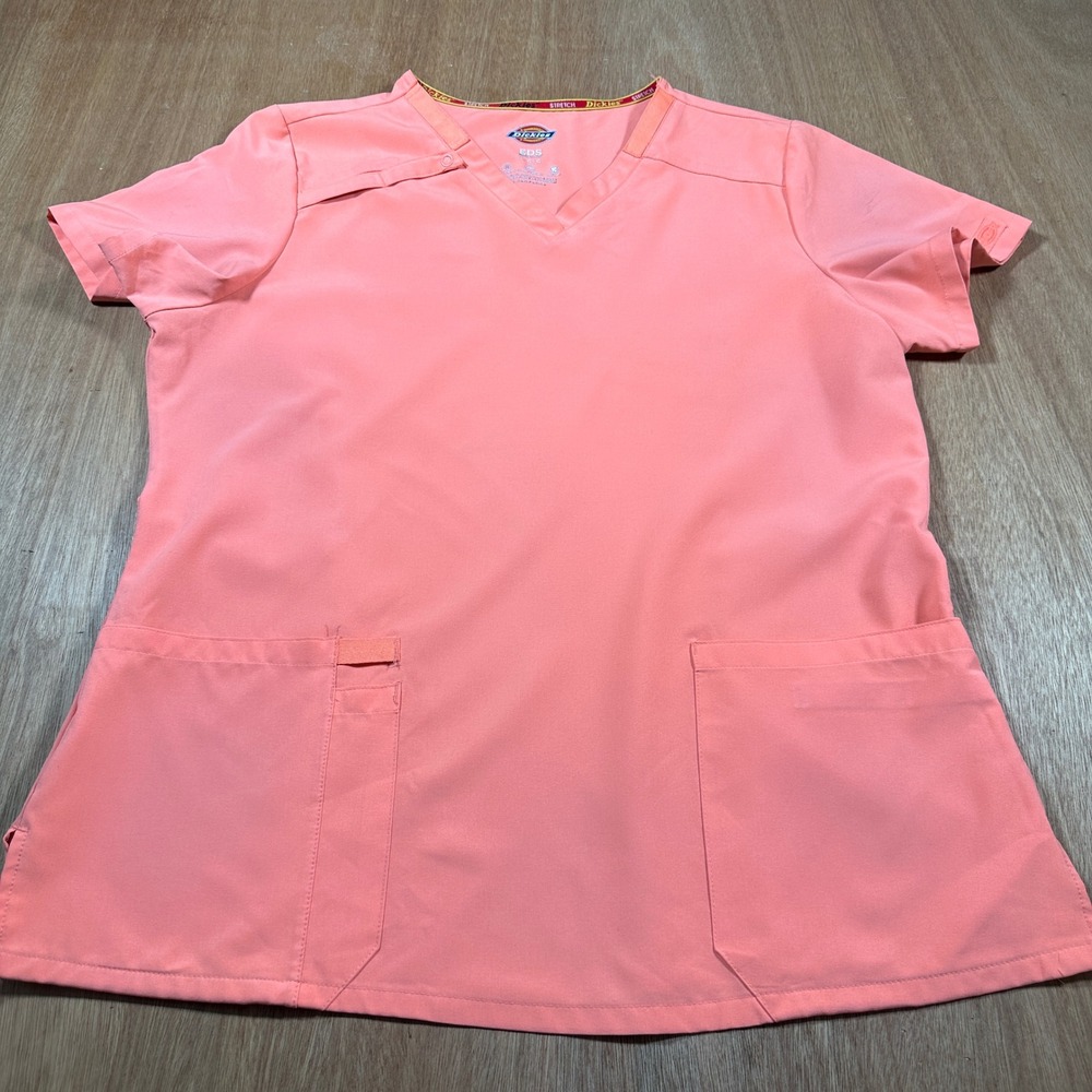 Dickies Scrub Top Women L Coral Orange V-Neck Stretch Medical Uniform Pockets